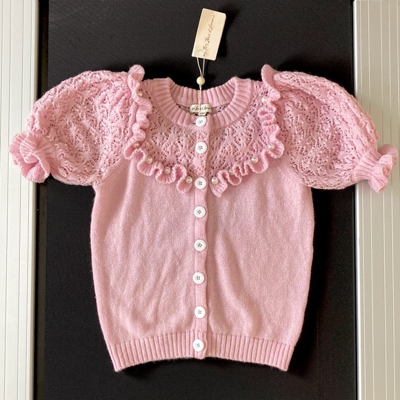 FOR LOVE & LEMONS π Pink Puff Sleeve Pearl Button-Up Cardigan Sweater Top - Picture 3 of 6